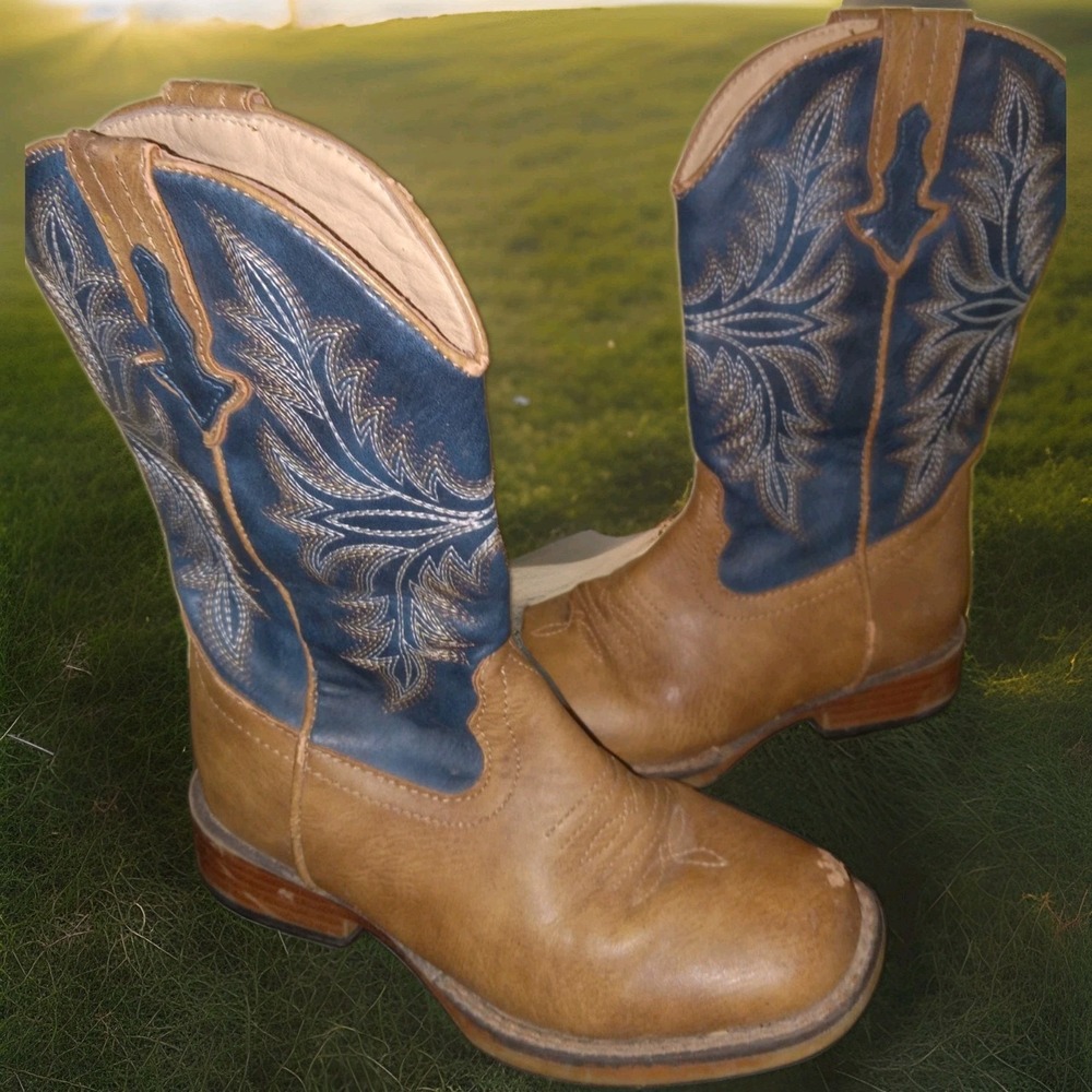 ROPER Kids Blue Brown Faux Leather Dalton Square Toe Western Cowboy Boots Sz 11
